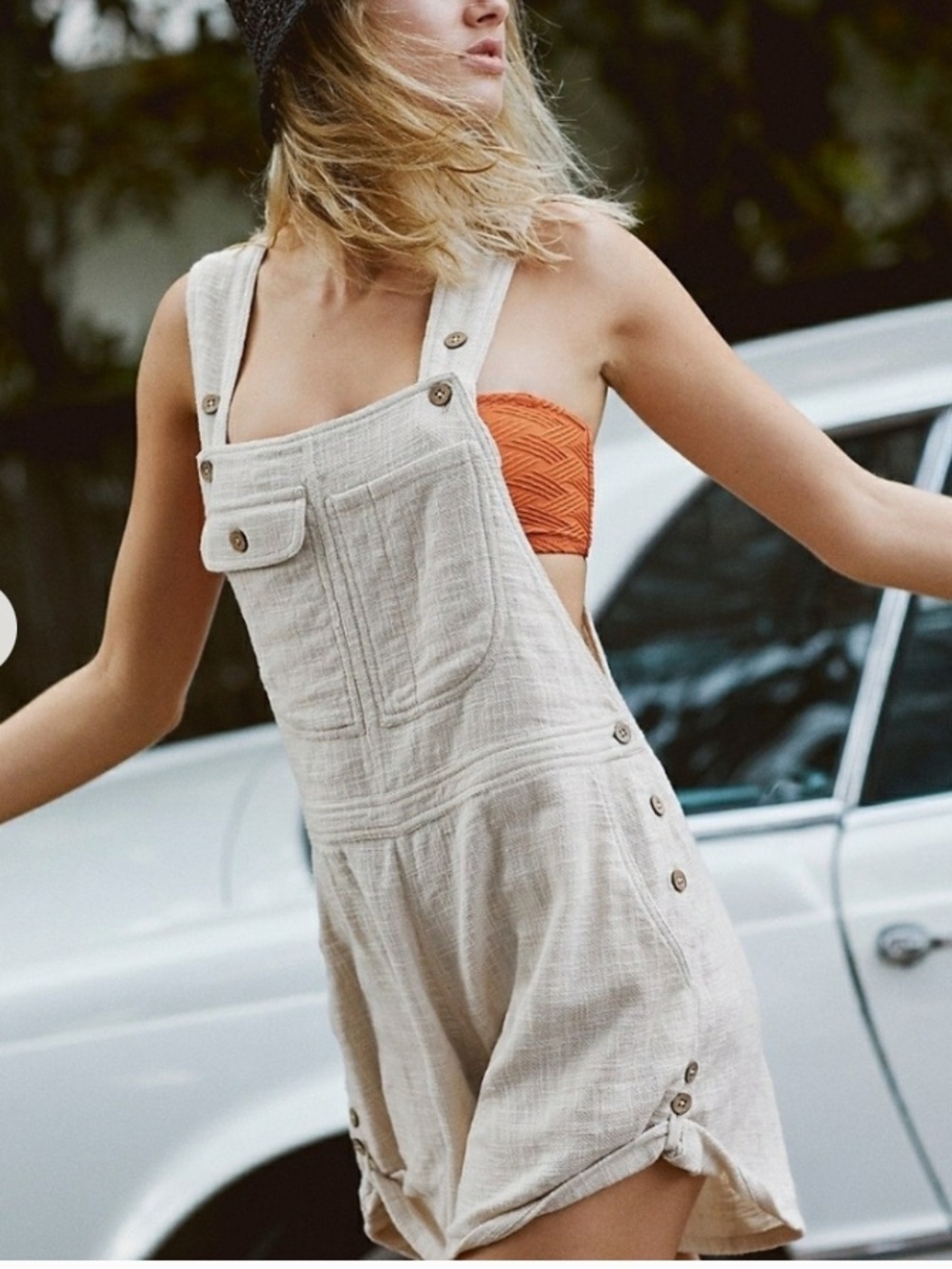 FREE PEOPLE HAPPIEST ROMPER OB8938017 BIB OVERALLS BEIGE MEDIUM BOHO FESTIVAL